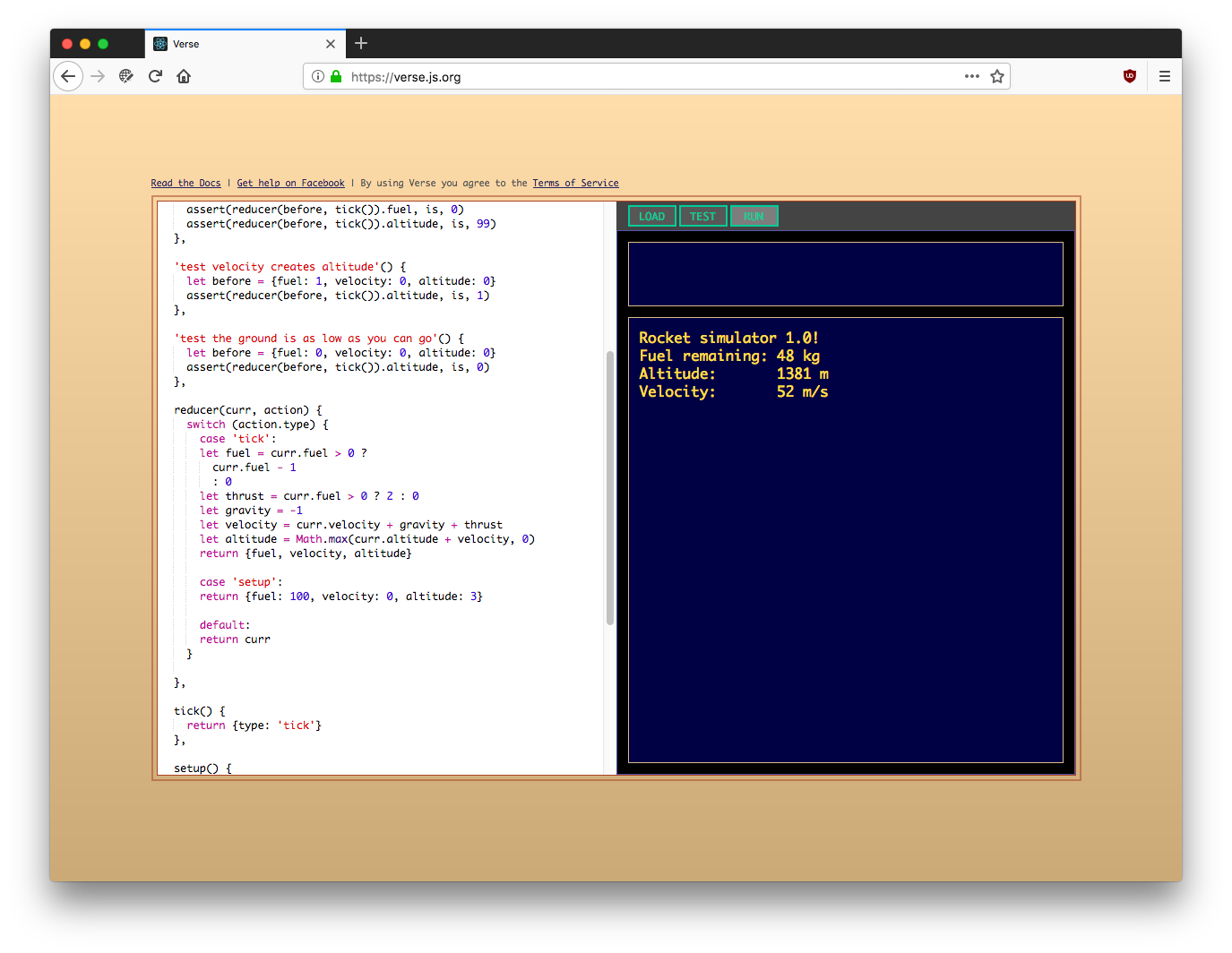 A screenshot of Verse running a simple program